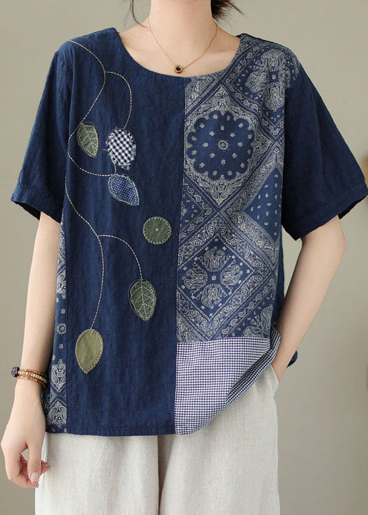 Vintage Navy Embroideried Print Patchwork Cotton T Shirt Tops Summer LY3931 - fabuloryshop