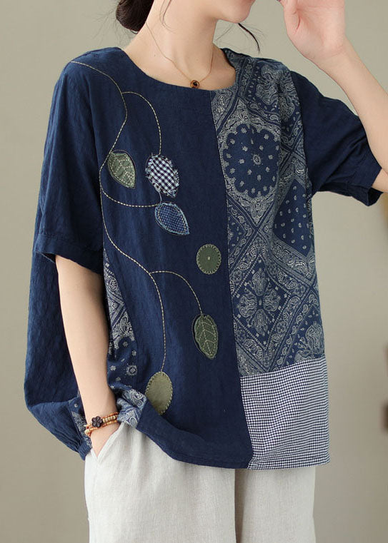 Vintage Navy Embroideried Print Patchwork Cotton T Shirt Tops Summer LY3931 - fabuloryshop
