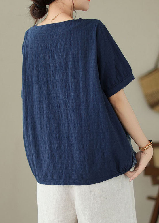Vintage Navy Embroideried Print Patchwork Cotton T Shirt Tops Summer LY3931 - fabuloryshop