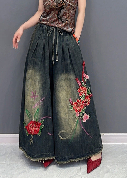 Vintage Navy Embroideried Tie Waist Elastic Waist Pockets Wide Leg Pants Summer LY4302 - fabuloryshop