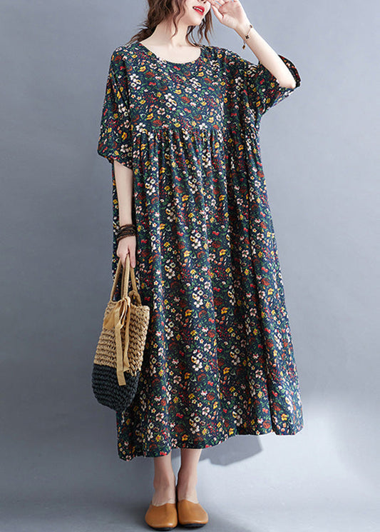 Vintage Navy O-Neck Patchwork Cotton Party Maxi Dress Summer LY6062 - fabuloryshop