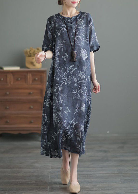 Vintage Navy O Neck Print Pockets Patchwork Linen Long Dresses Summer LY6942 Ada Fashion