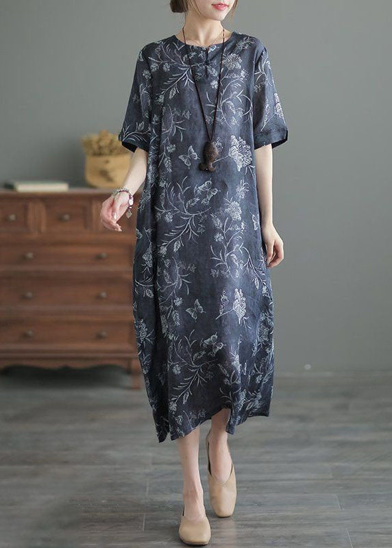 Vintage Navy O Neck Print Pockets Patchwork Linen Long Dresses Summer LY6942 Ada Fashion