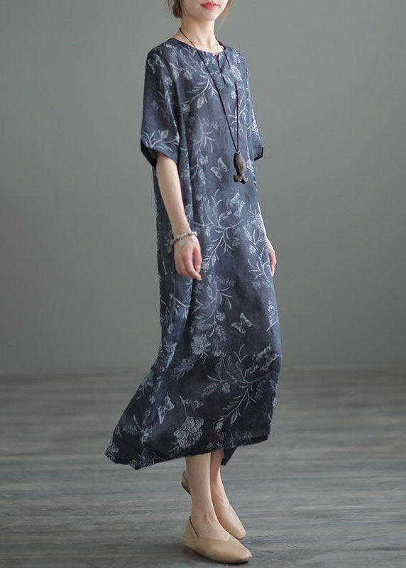Vintage Navy O Neck Print Pockets Patchwork Linen Long Dresses Summer LY6942 Ada Fashion