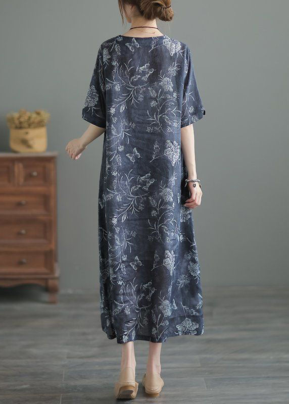 Vintage Navy O Neck Print Pockets Patchwork Linen Long Dresses Summer LY6942 Ada Fashion
