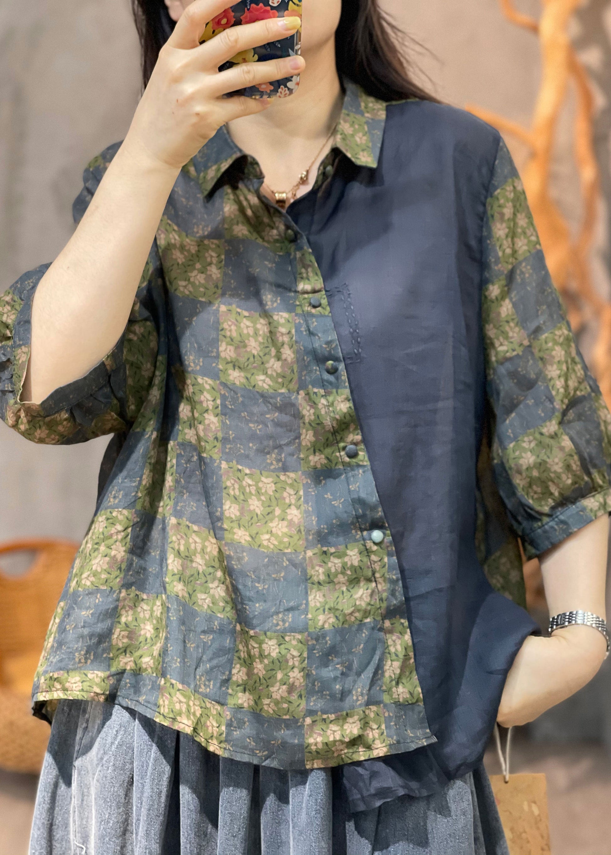 Vintage Navy Peter Pan Collar Print Patchwork Cotton Shirt Fall Ada Fashion