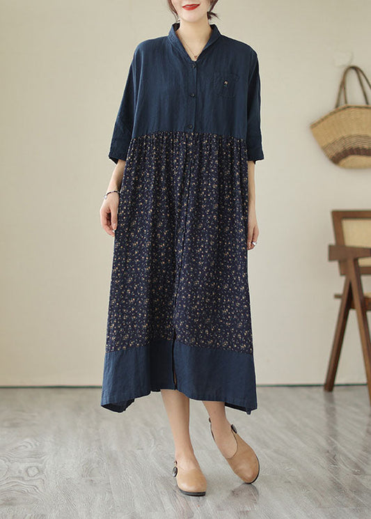 Vintage Navy Stand Collar Print Patchwork Linen Dresses Summer LY4896 - fabuloryshop