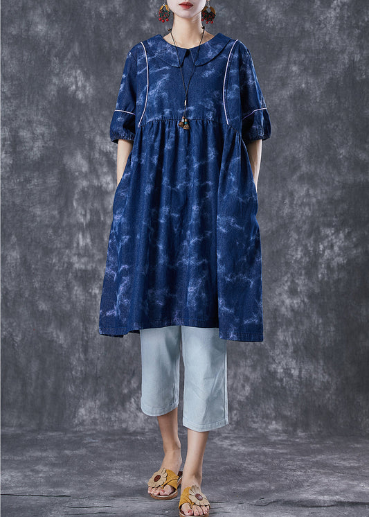 Vintage Navy Tie Dye Exra Large Hem Denim Holiday Dress Summer LY6771 - fabuloryshop