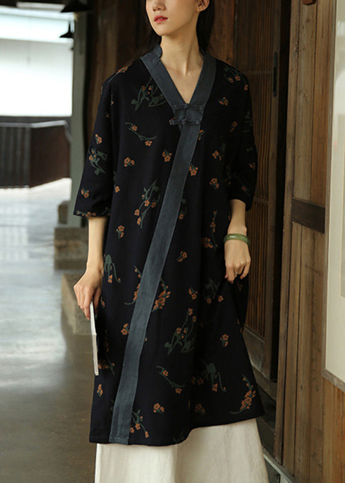 Vintage Navy V Neck Print Patchwork Cotton Dress Half Sleeve Ada Fashion