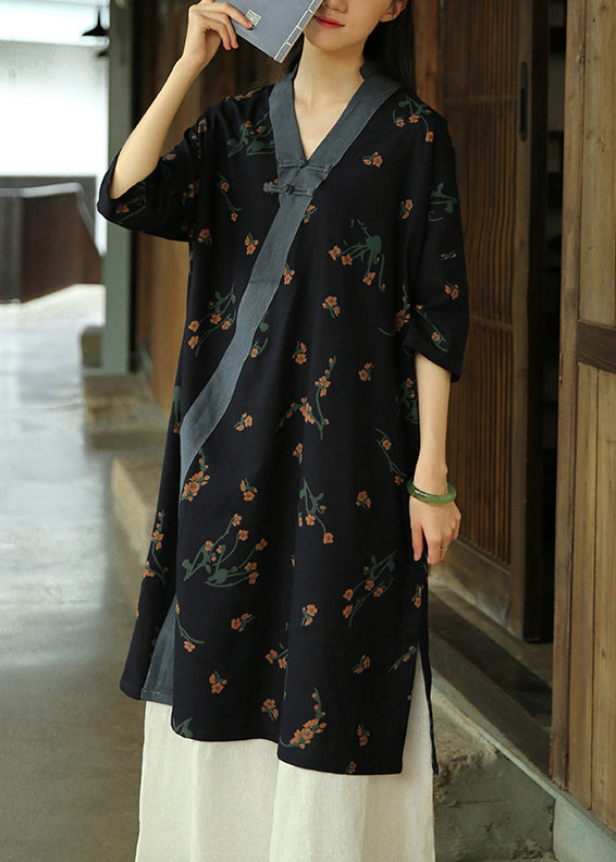 Vintage Navy V Neck Print Patchwork Cotton Dress Half Sleeve Ada Fashion