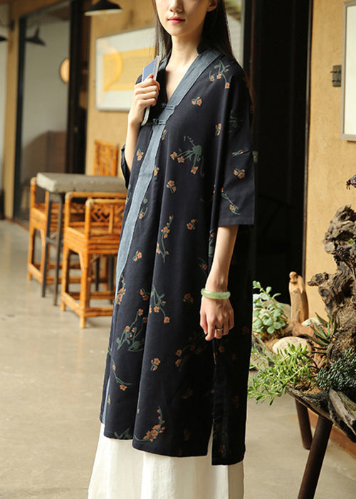 Vintage Navy V Neck Print Patchwork Cotton Dress Half Sleeve Ada Fashion