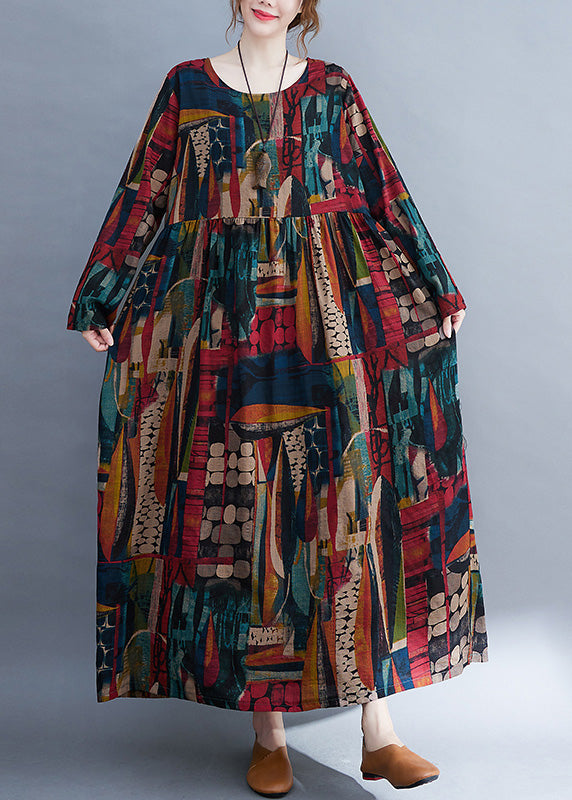 Vintage O-Neck Patchwork Print Cotton Cozy Maxi Dress Long Sleeve Ada Fashion