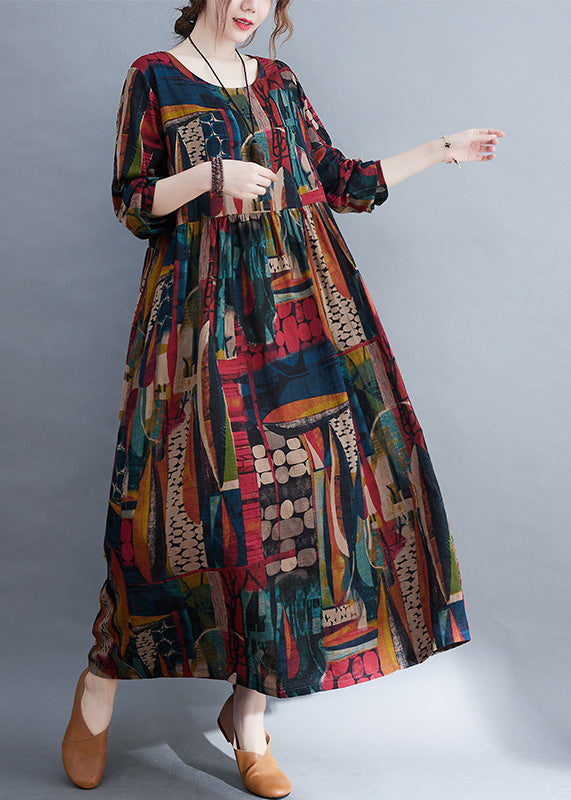 Vintage O-Neck Patchwork Print Cotton Cozy Maxi Dress Long Sleeve Ada Fashion