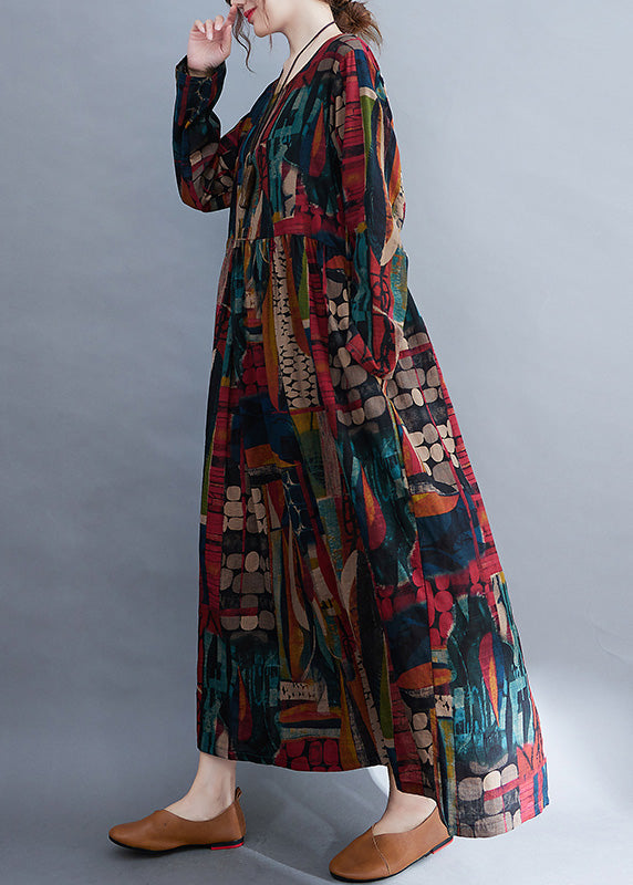 Vintage O-Neck Patchwork Print Cotton Cozy Maxi Dress Long Sleeve Ada Fashion
