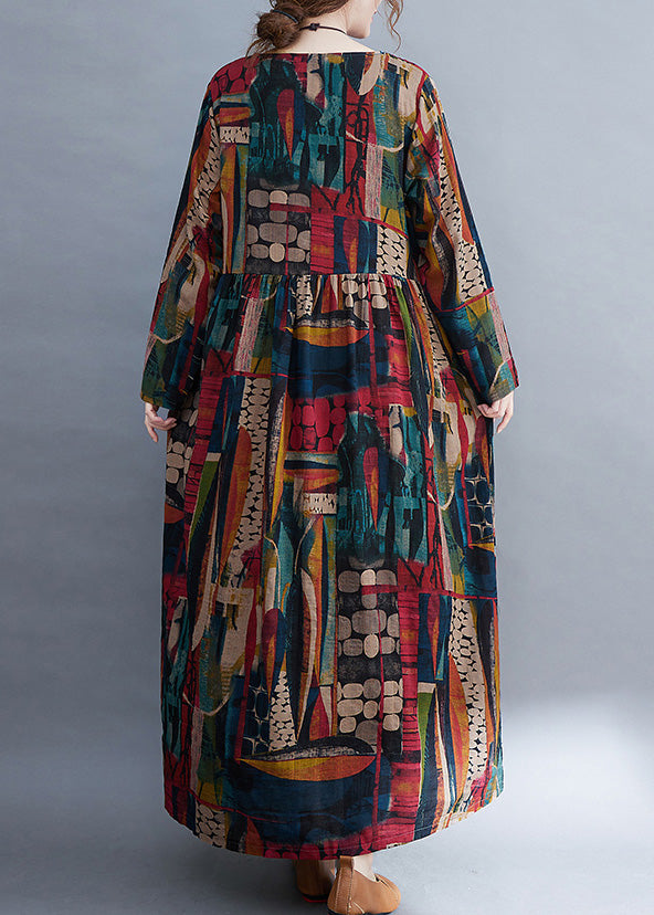 Vintage O-Neck Patchwork Print Cotton Cozy Maxi Dress Long Sleeve Ada Fashion