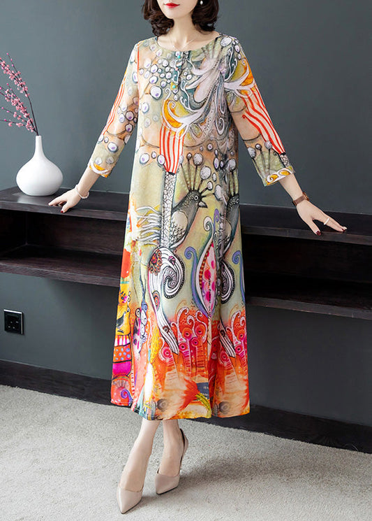 Vintage O-Neck Print Silk Vacation Long Dresses Long Sleeve LY1782 - fabuloryshop