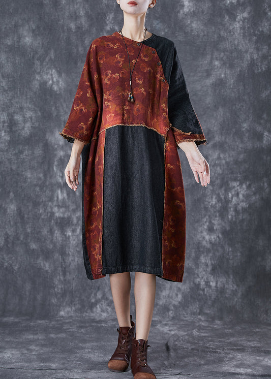 Vintage Orange Asymmetrical Denim Patchwork Linen Dress Summer TD1032 - fabuloryshop