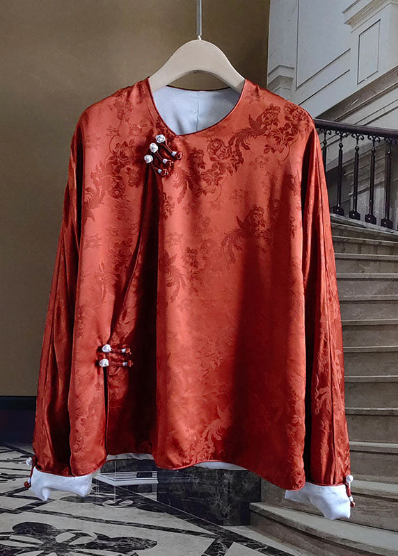 Vintage Orange Chinese Button Jacquard Patchwork Silk Blouses Spring LY1063 - fabuloryshop