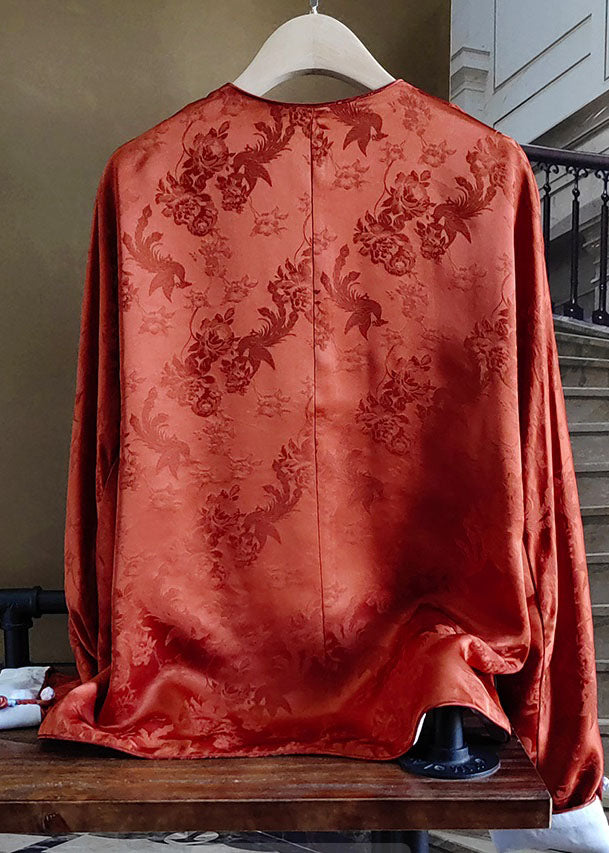 Vintage Orange Chinese Button Jacquard Patchwork Silk Blouses Spring LY1063 - fabuloryshop
