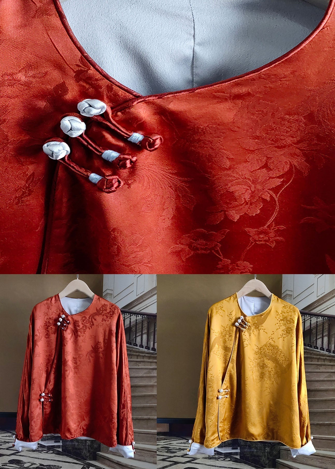 Vintage Orange Chinese Button Jacquard Patchwork Silk Blouses Spring LY1063 - fabuloryshop