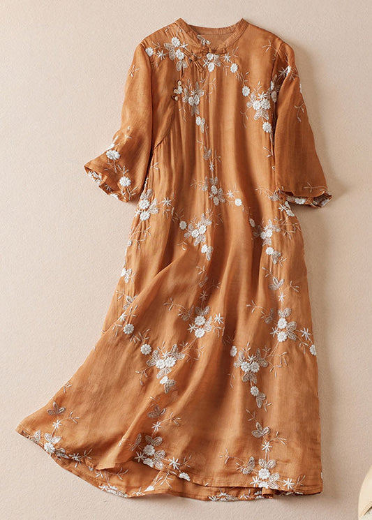 Vintage Orange Embroideried Chinese Button Patchwork Linen Dress Summer Ada Fashion
