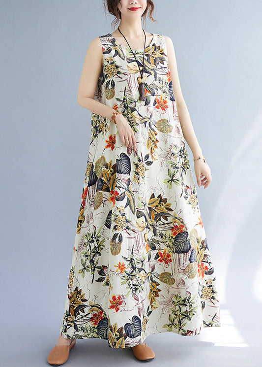 Vintage Orange Floral Leaves Print O-Neck Short Sleeve Bohemia Pleated Maxi Dress LC0047 - fabuloryshop