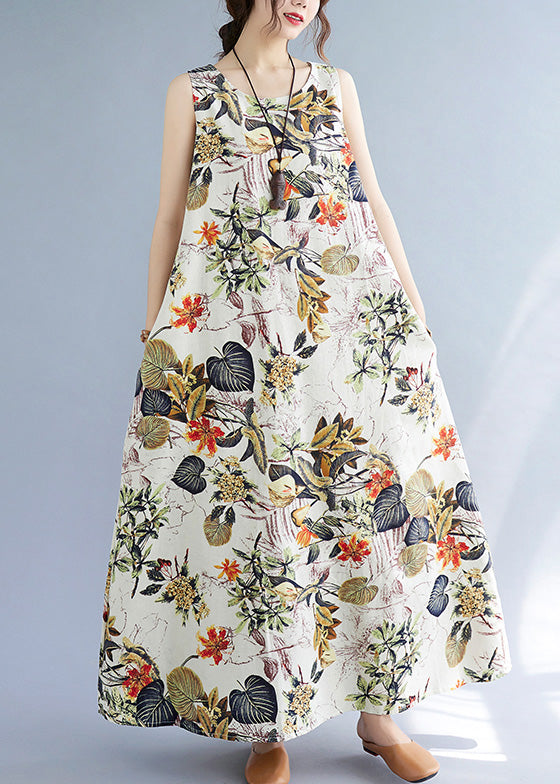 Vintage Orange Floral Leaves Print O-Neck Short Sleeve Bohemia Pleated Maxi Dress LC0047