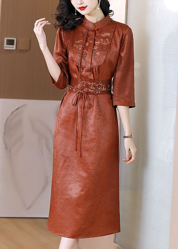Vintage Orange Mandarin Collar Cinched Silk Dresses Half Sleeve LY0700