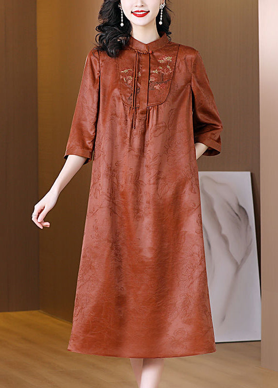 Vintage Orange Mandarin Collar Cinched Silk Dresses Half Sleeve LY0700