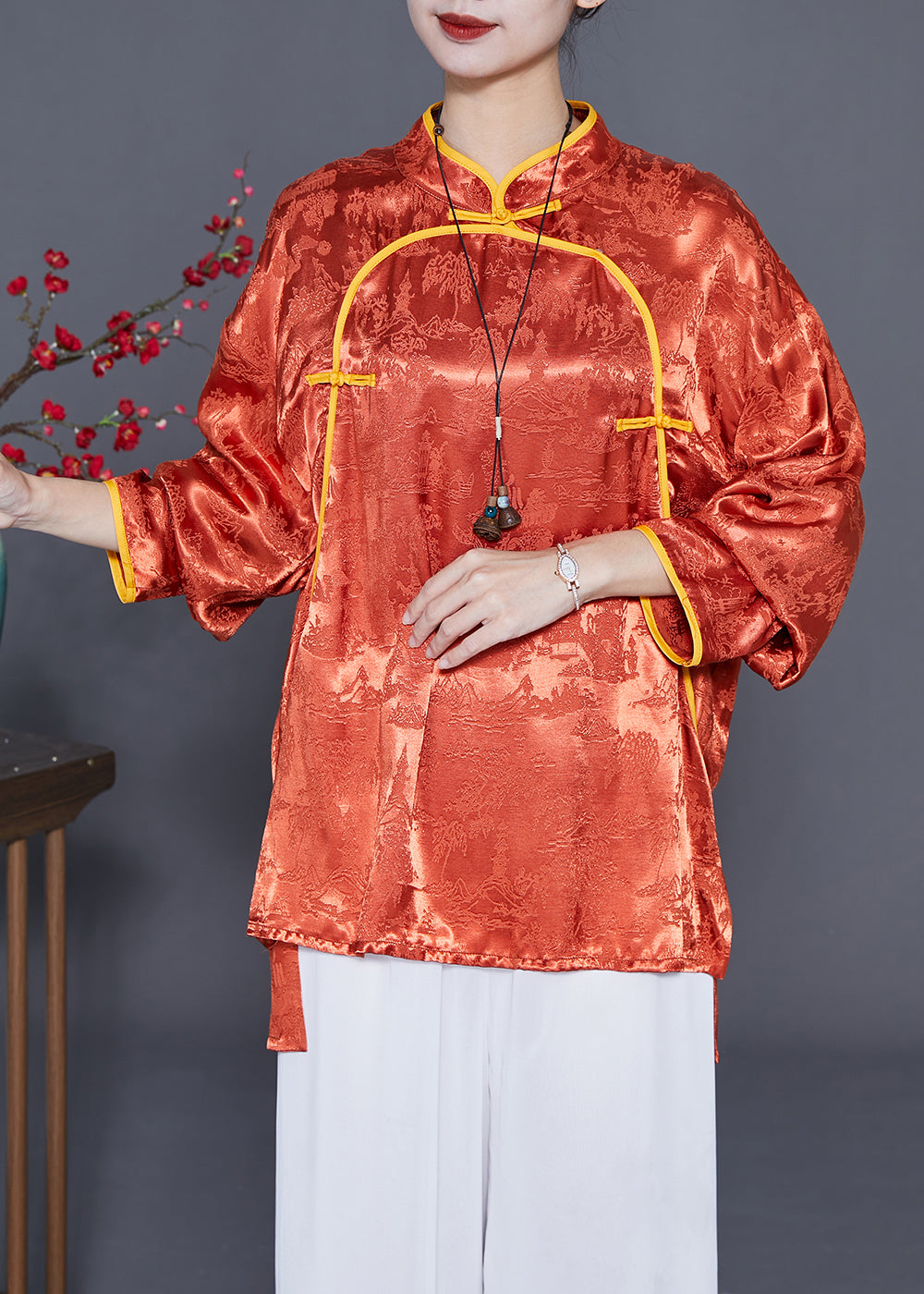 Vintage Orange Mandarin Collar Jacquard Chinese Button Silk Shirts Summer LY3678 - fabuloryshop