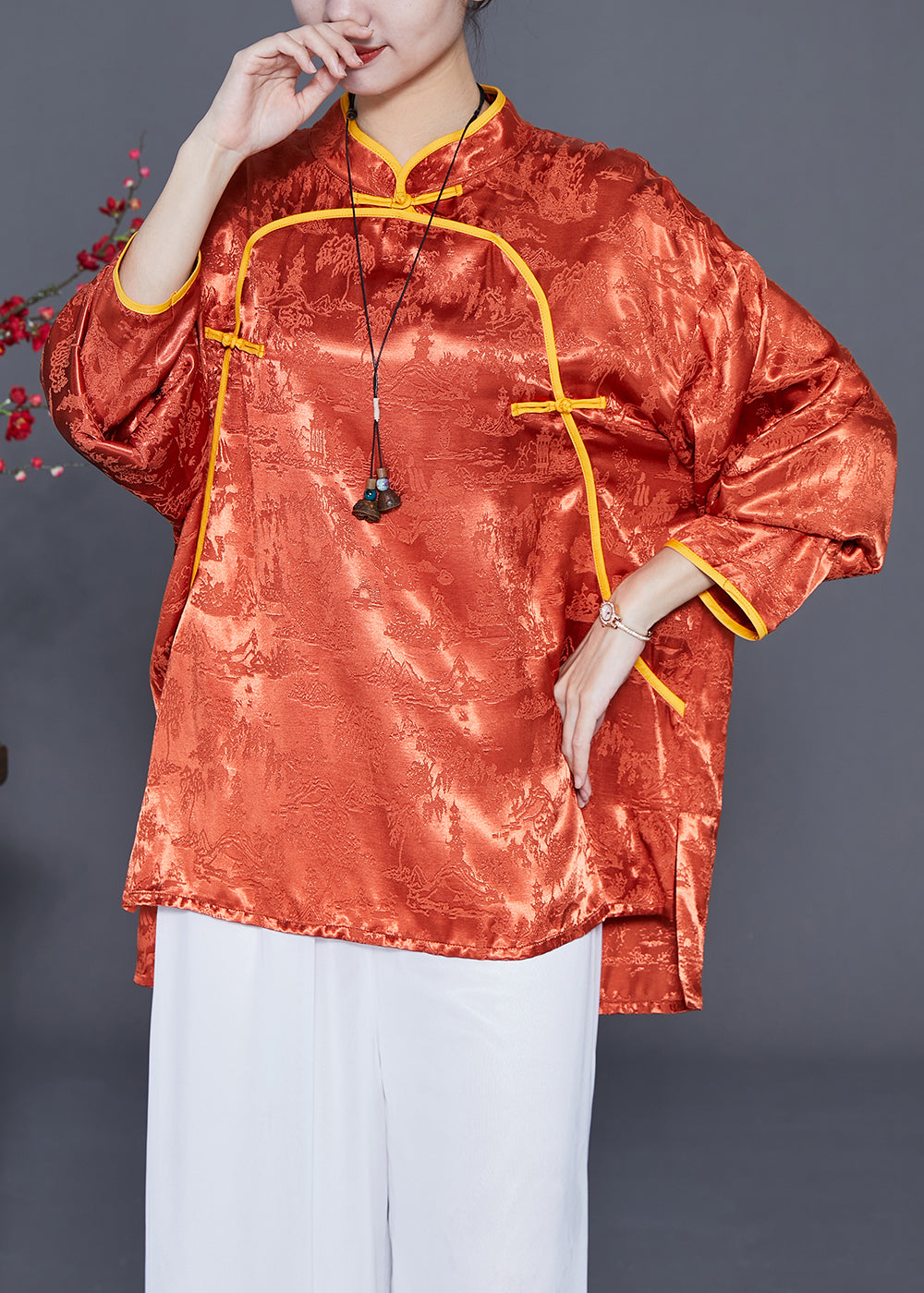 Vintage Orange Mandarin Collar Jacquard Chinese Button Silk Shirts Summer LY3678 - fabuloryshop