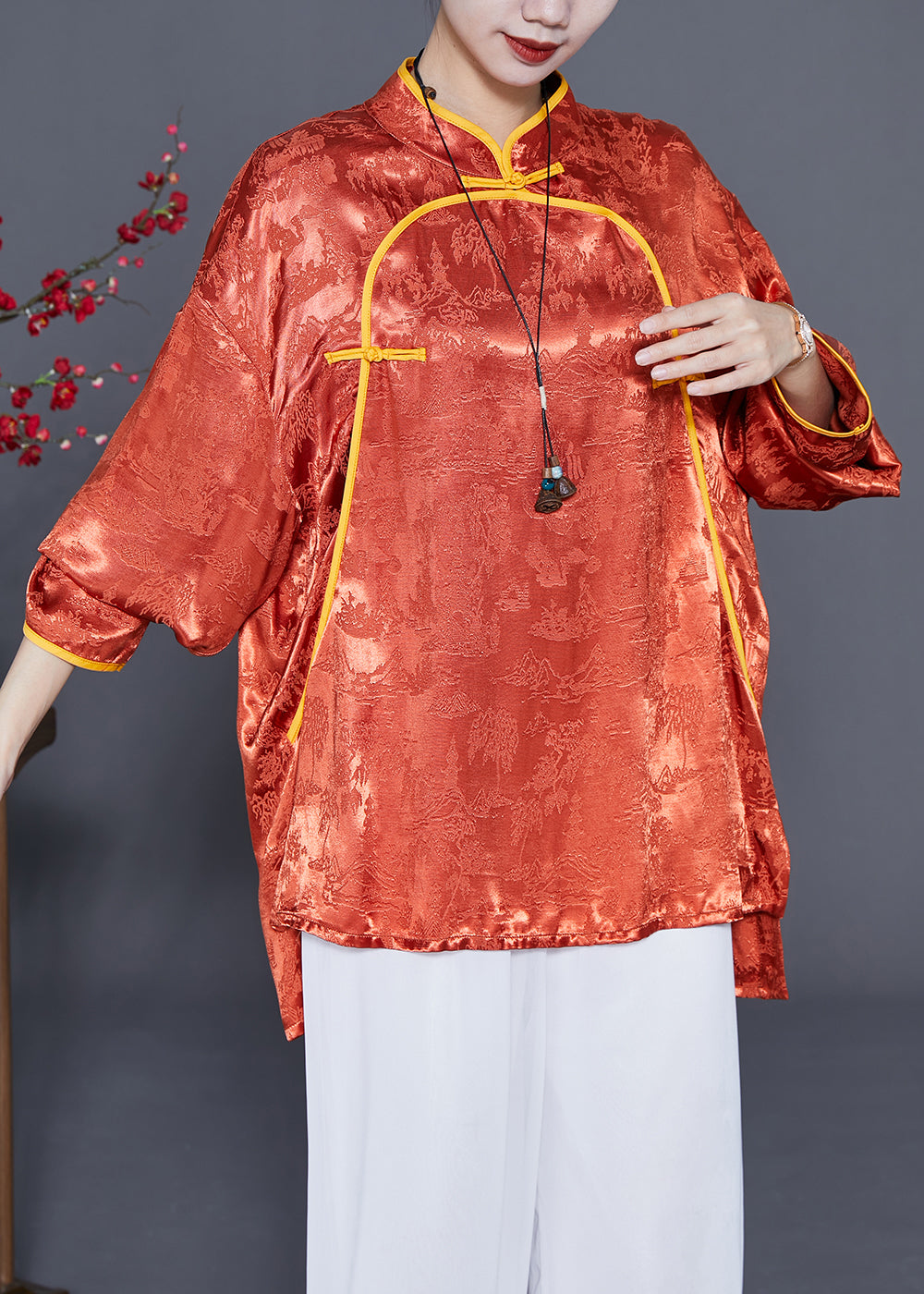 Vintage Orange Mandarin Collar Jacquard Chinese Button Silk Shirts Summer LY3678 - fabuloryshop