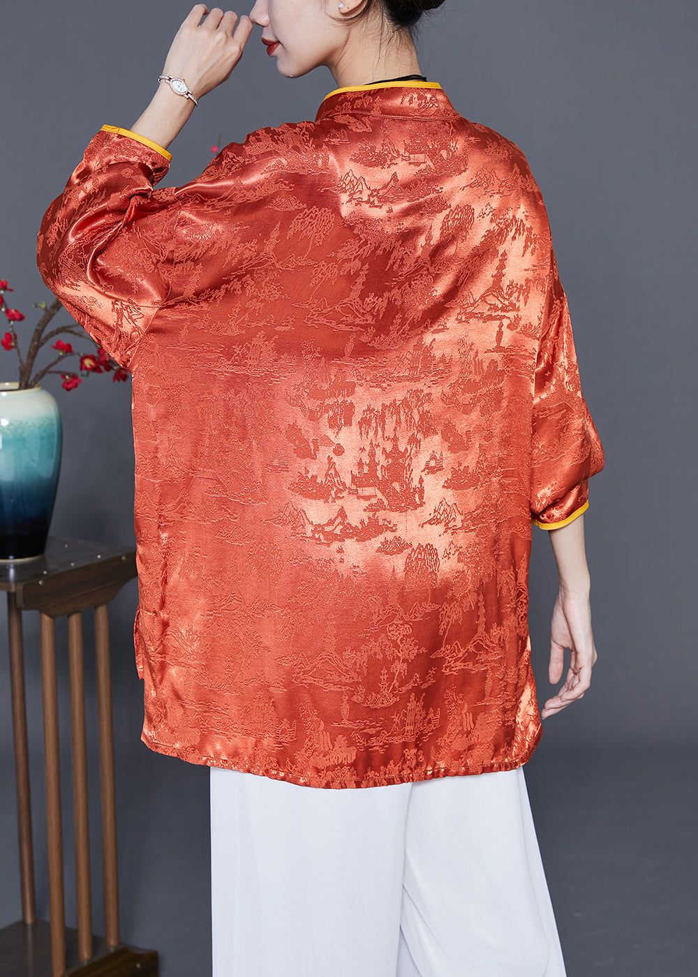 Vintage Orange Mandarin Collar Jacquard Chinese Button Silk Shirts Summer LY3678 - fabuloryshop