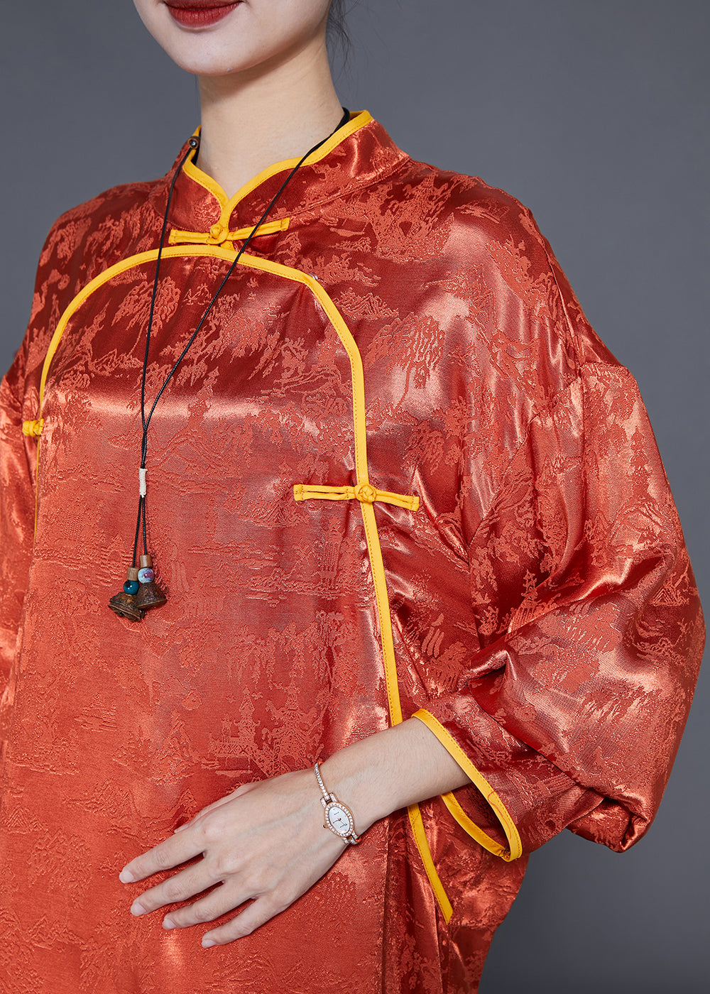 Vintage Orange Mandarin Collar Jacquard Chinese Button Silk Shirts Summer LY3678 - fabuloryshop