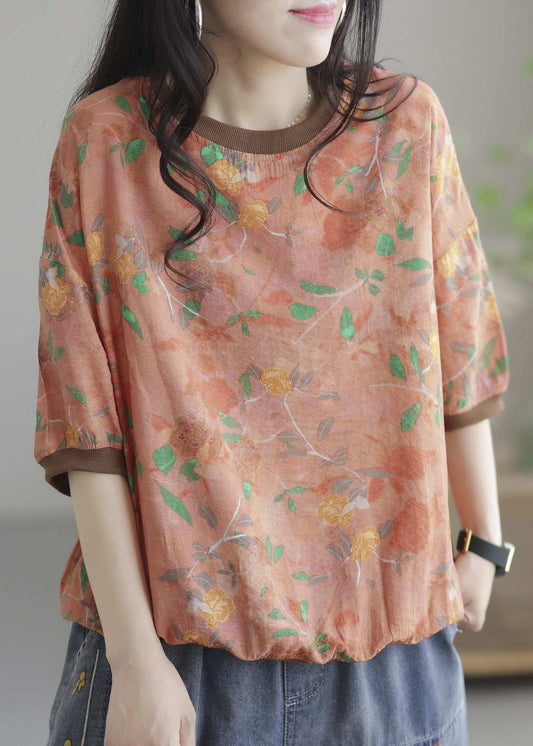 Vintage Orange O Neck Patchwork Cotton T Shirt Top Summer LY0226 - fabuloryshop