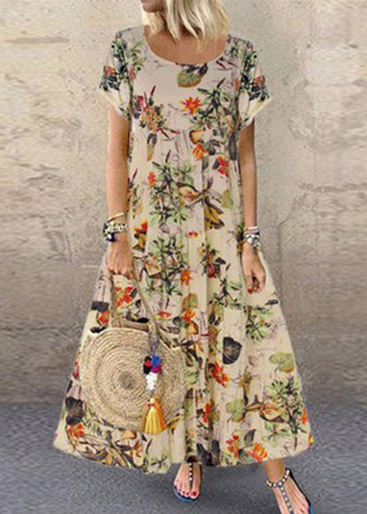 Vintage Orange O-Neck Print Patchwork Maxi Dress Short Sleeve LC0004 - fabuloryshop