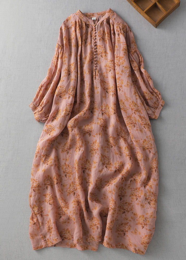 Vintage Orange Print Button Patchwork Linen Long Dresses Summer LY5266 - fabuloryshop