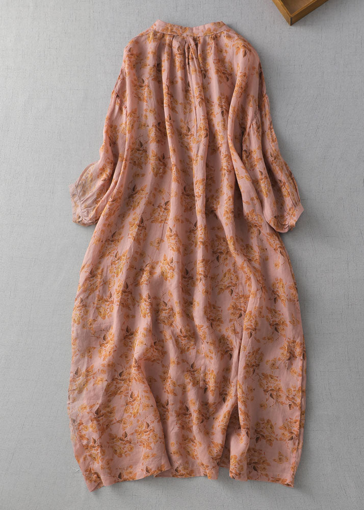 Vintage Orange Print Button Patchwork Linen Long Dresses Summer LY5266 - fabuloryshop