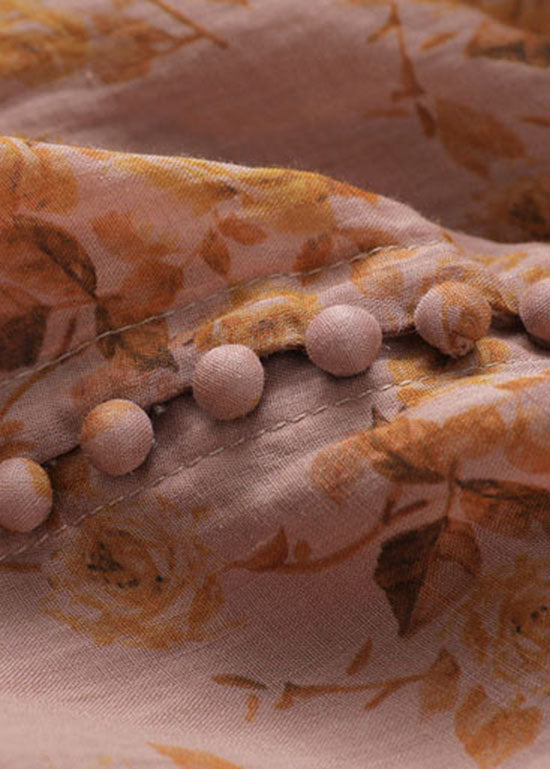 Vintage Orange Print Button Patchwork Linen Long Dresses Summer LY5266 - fabuloryshop