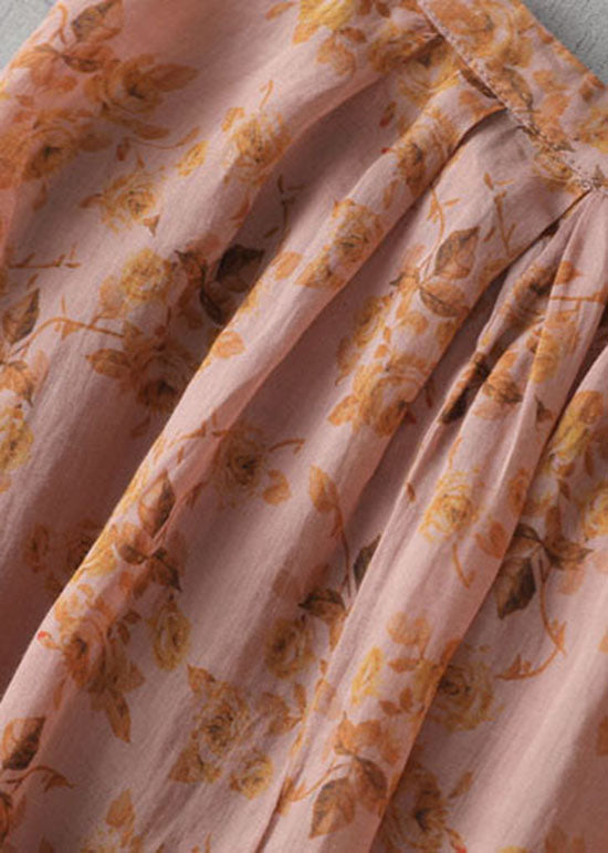 Vintage Orange Print Button Patchwork Linen Long Dresses Summer LY5266 - fabuloryshop