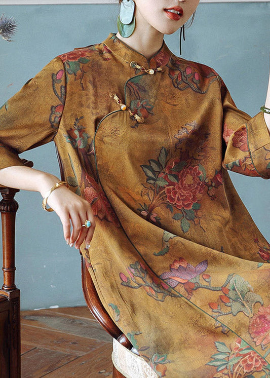 Vintage Orange Print Stand Collar Button Silk Maxi Dresses Spring LY3703 - fabuloryshop