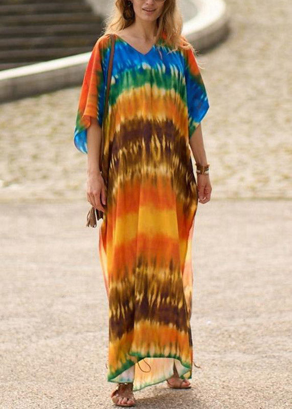 Vintage Orange Side Open Print Long Beach Dresses Short Sleeve LY3041 - fabuloryshop