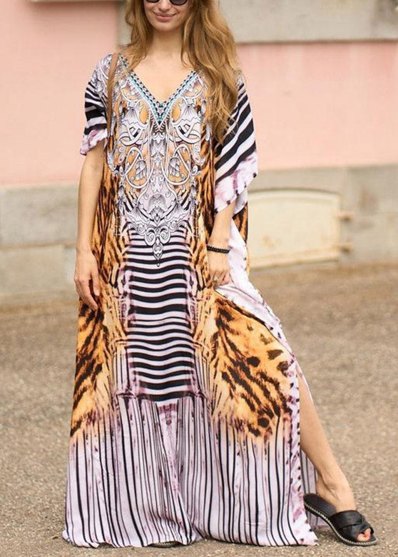 Vintage Orange Side Open Print Long Beach Dresses Short Sleeve LY3041 - fabuloryshop