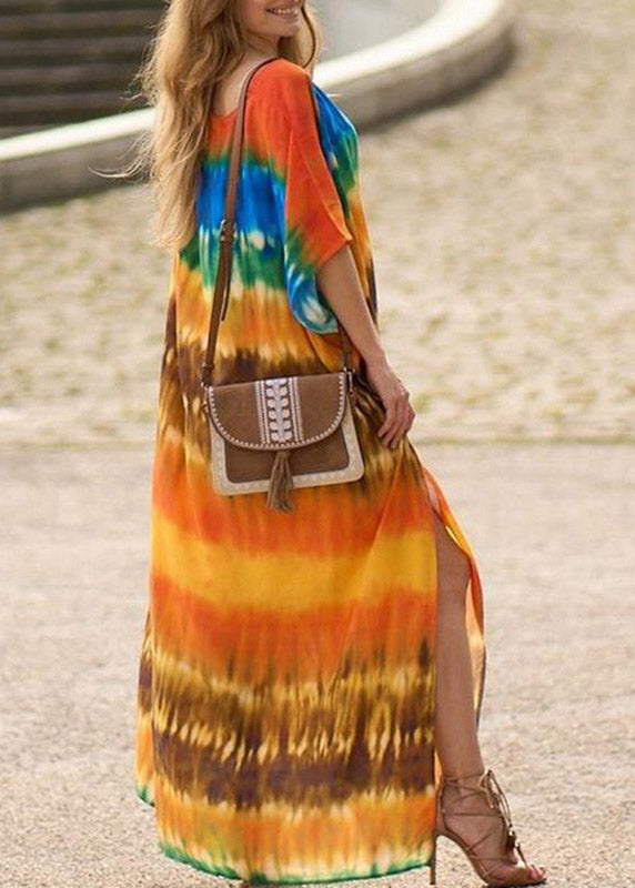 Vintage Orange Side Open Print Long Beach Dresses Short Sleeve LY3041 - fabuloryshop