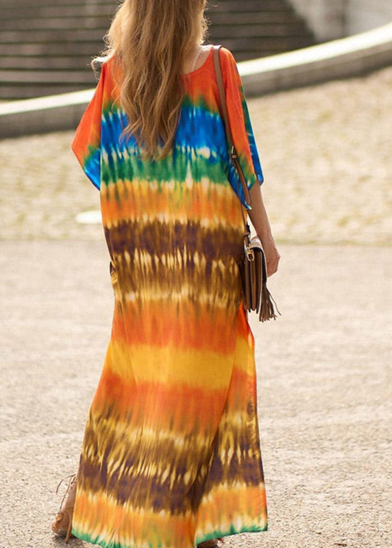 Vintage Orange Side Open Print Long Beach Dresses Short Sleeve LY3041 - fabuloryshop