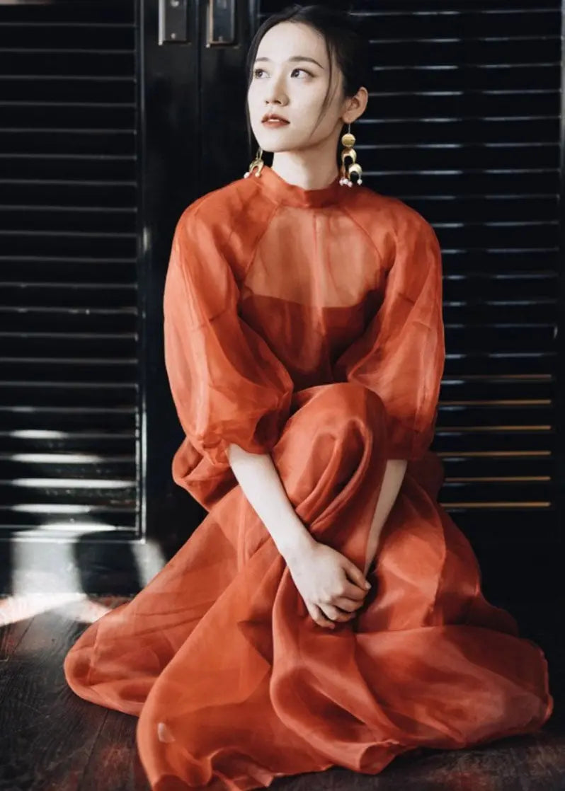 Vintage Orange Stand Collar Patchwork Tulle Maxi Dress Fall Ada Fashion