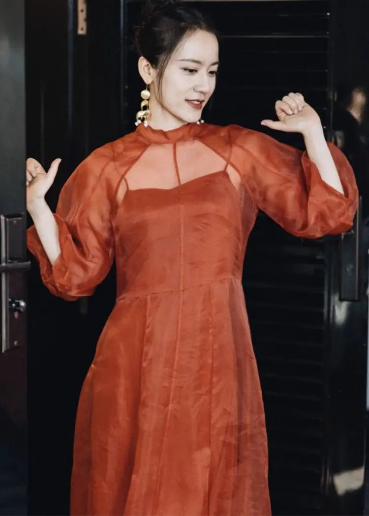 Vintage Orange Stand Collar Patchwork Tulle Maxi Dress Fall Ada Fashion