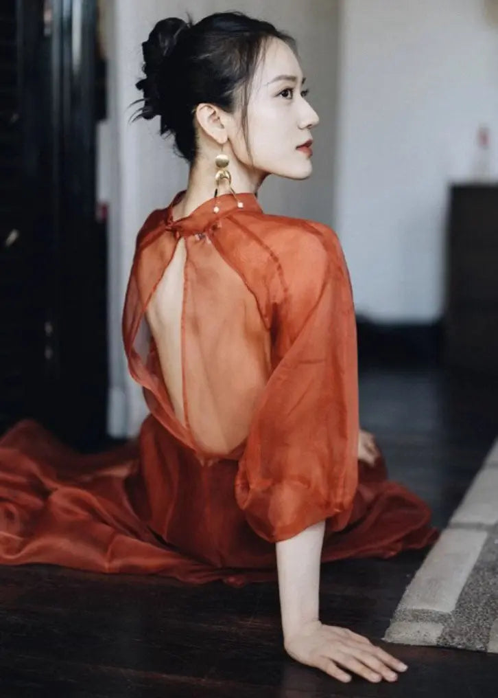 Vintage Orange Stand Collar Patchwork Tulle Maxi Dress Fall Ada Fashion