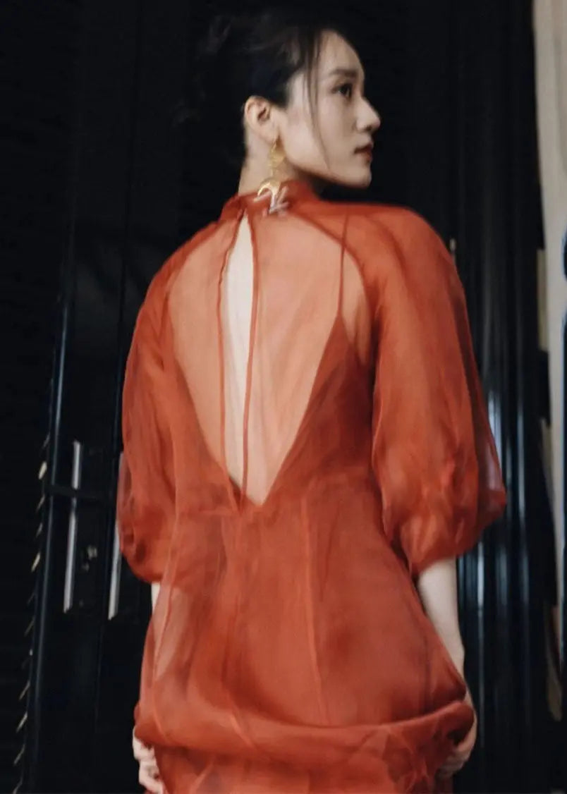 Vintage Orange Stand Collar Patchwork Tulle Maxi Dress Fall Ada Fashion