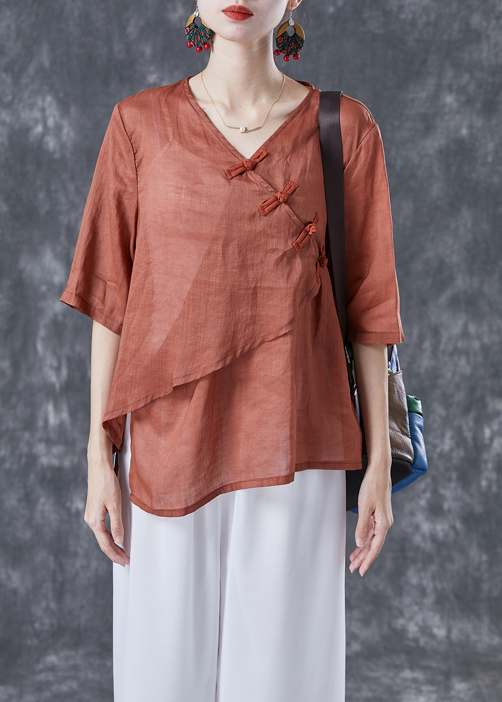 Vintage Orange V Neck Chinese Button Linen Shirt Top Summer LY4139 - fabuloryshop